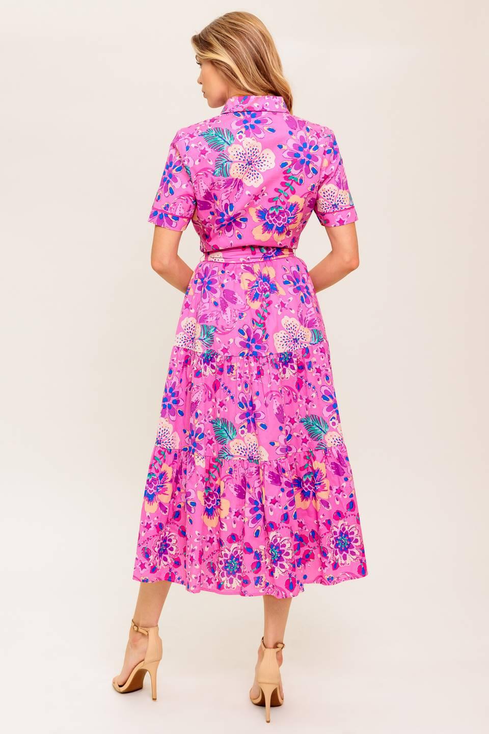 Model gracefully wearing the Flying Tomato Celestial Skies Woven Midi Dress, illustrating its comfortable drape and stylish m