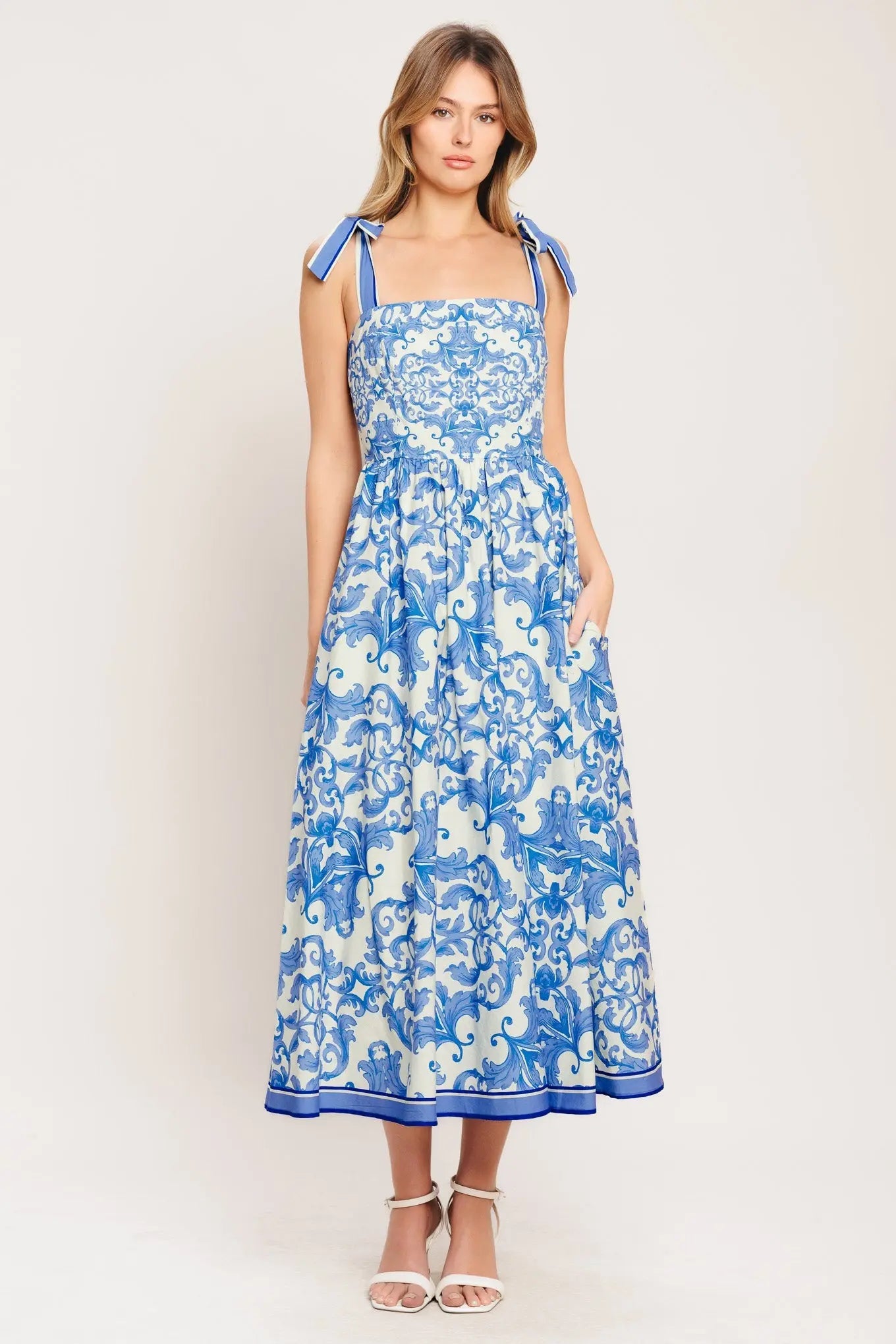 Azure Scroll Woven Midi Dress With Tie Straps And Smocked Back Bodice Flying Tomato