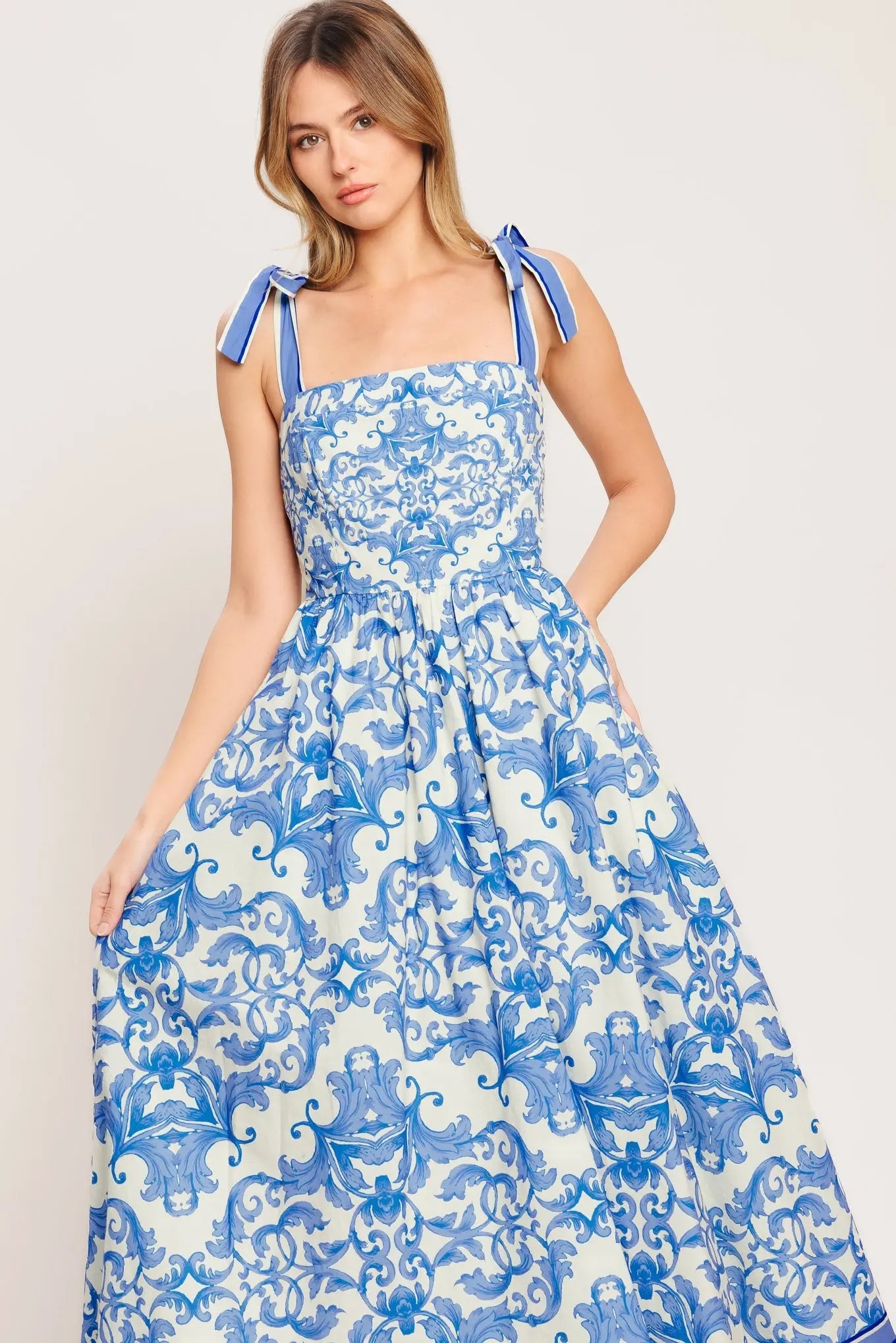 Azure Scroll Woven Midi Dress With Tie Straps And Smocked Back Bodice Flying Tomato