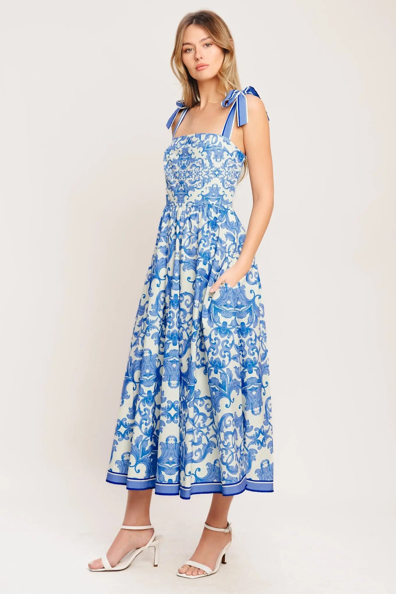 Azure Scroll Woven Midi Dress With Tie Straps And Smocked Back Bodice Flying Tomato