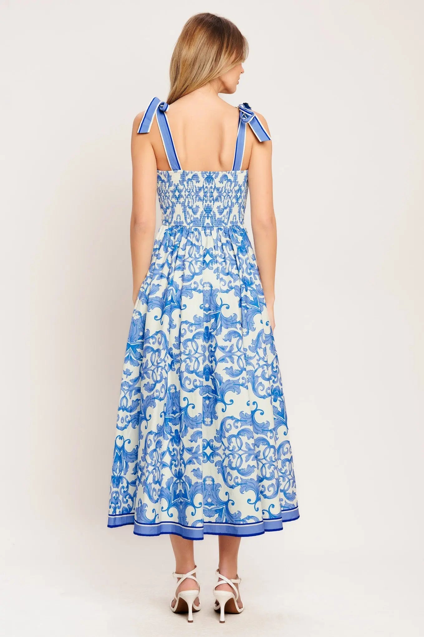Azure Scroll Woven Midi Dress With Tie Straps And Smocked Back Bodice Flying Tomato