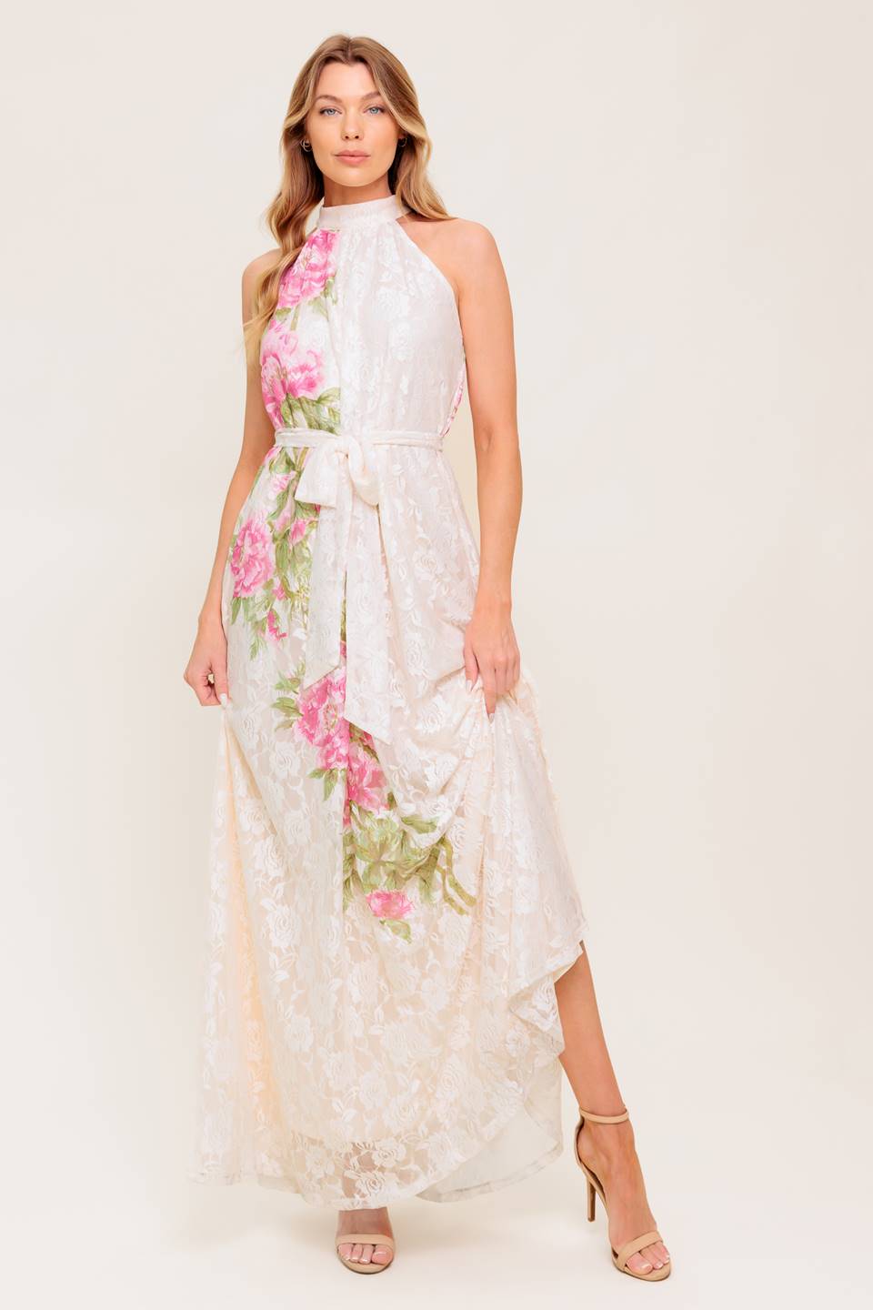 Botanical Dream Woven Lace Maxi Dress Halter Self Tie