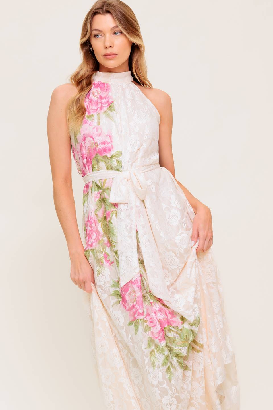Botanical Dream Woven Lace Maxi Dress Halter Self Tie