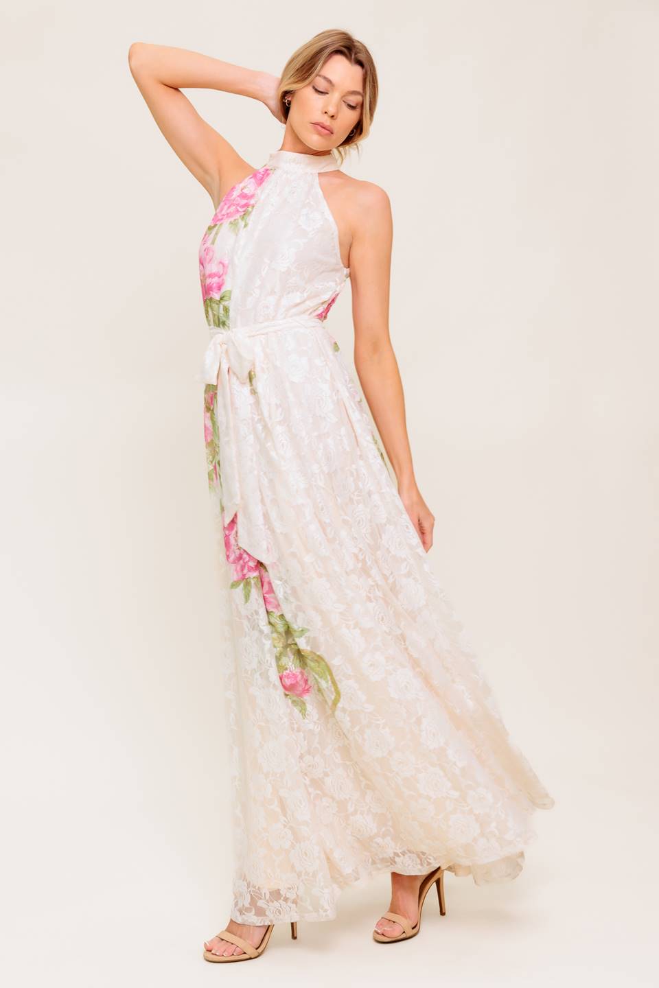 Botanical Dream Woven Lace Maxi Dress Halter Self Tie
