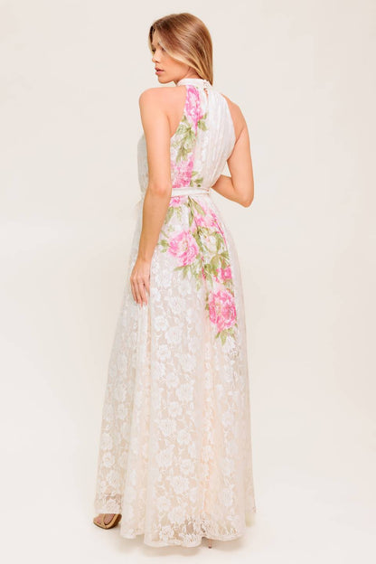 Botanical Dream Woven Lace Maxi Dress Halter Self Tie