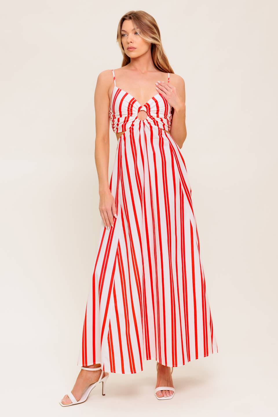 DREAM PETALS RED STRIPE WOVEN ANKLE DRESS Flying Tomato