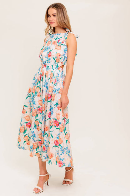 WHISPERING FLORA WOVEN MIDI DRESS
