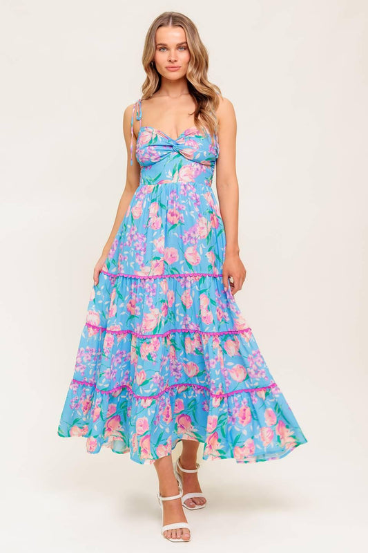 Flying Tomato Soft Bloom Blue Woven Midi Dress with a delicate floral pattern and flattering V-neckline, shown from the front