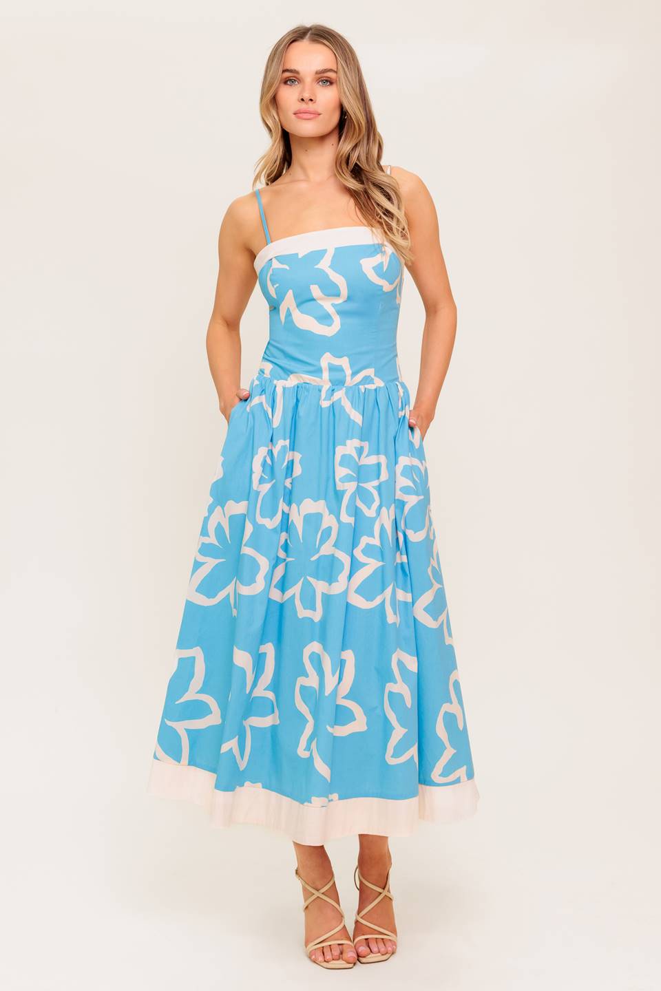 SERENE PETALS BLUE WOVEN MIDI DRESS Flying Tomato