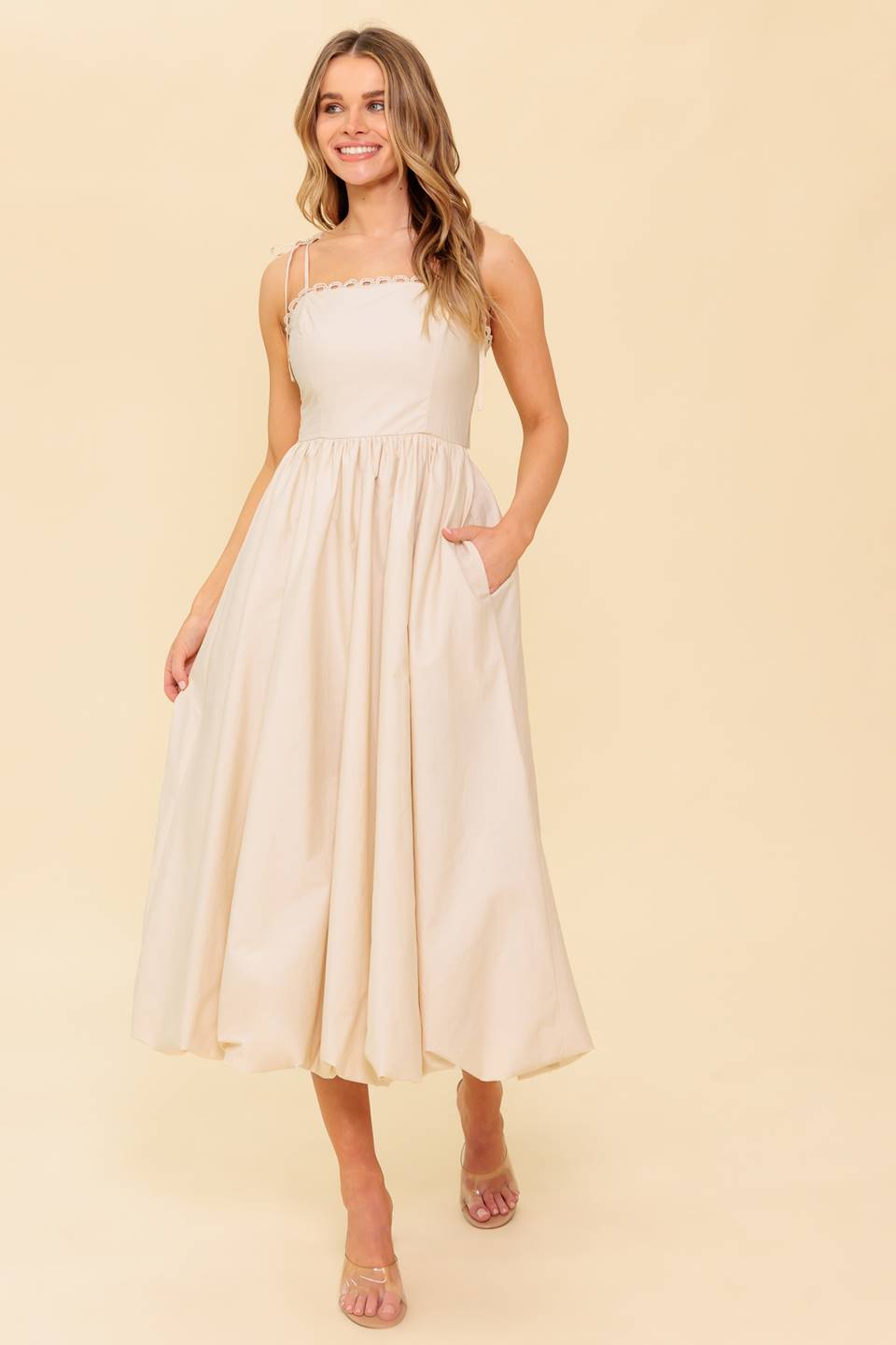REGAL CUTIE CREAM WOVEN MIDI DRESS Flying Tomato