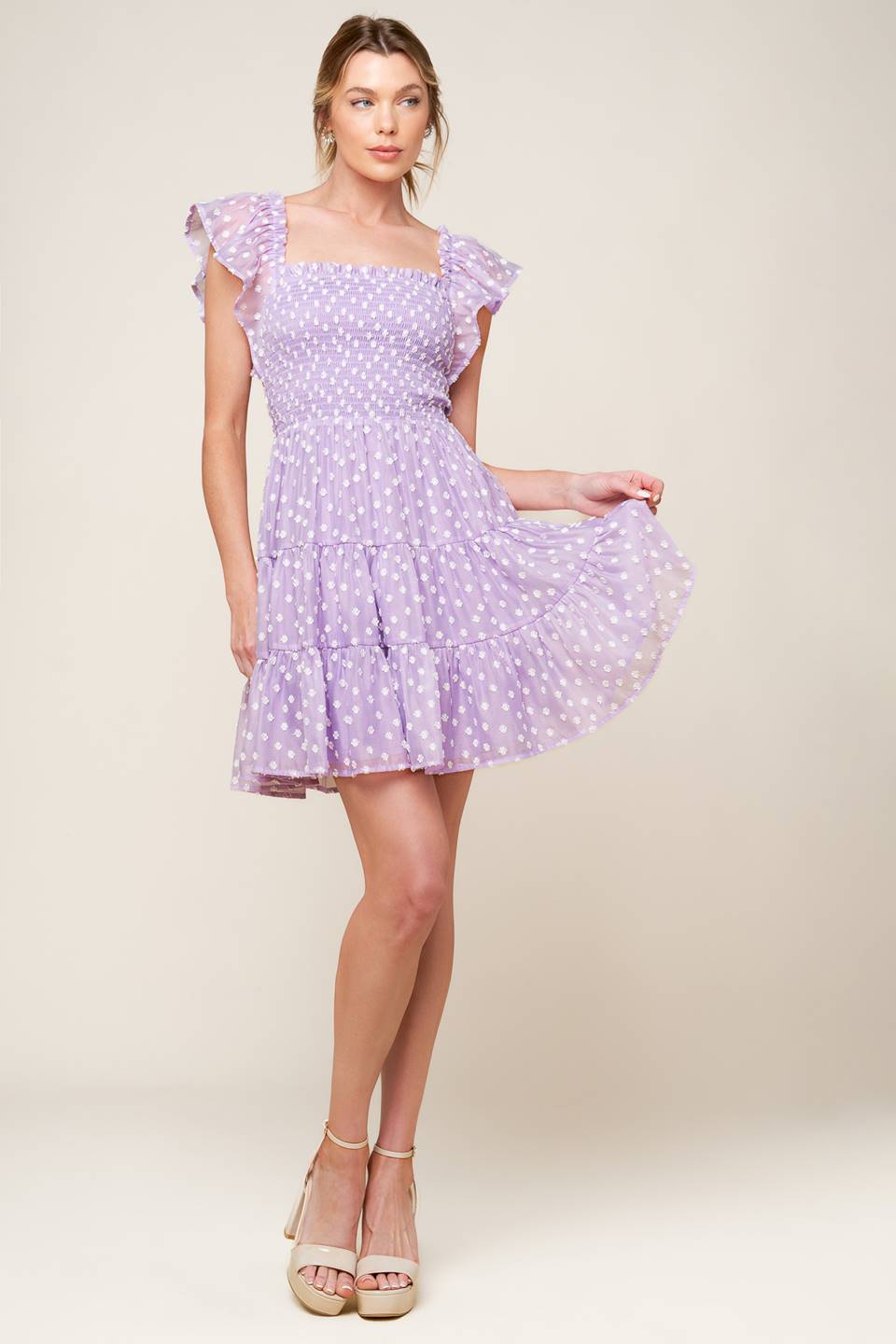 PLAYFULLY POSH LAVENDER WOVEN MINI DRESS Flying Tomato