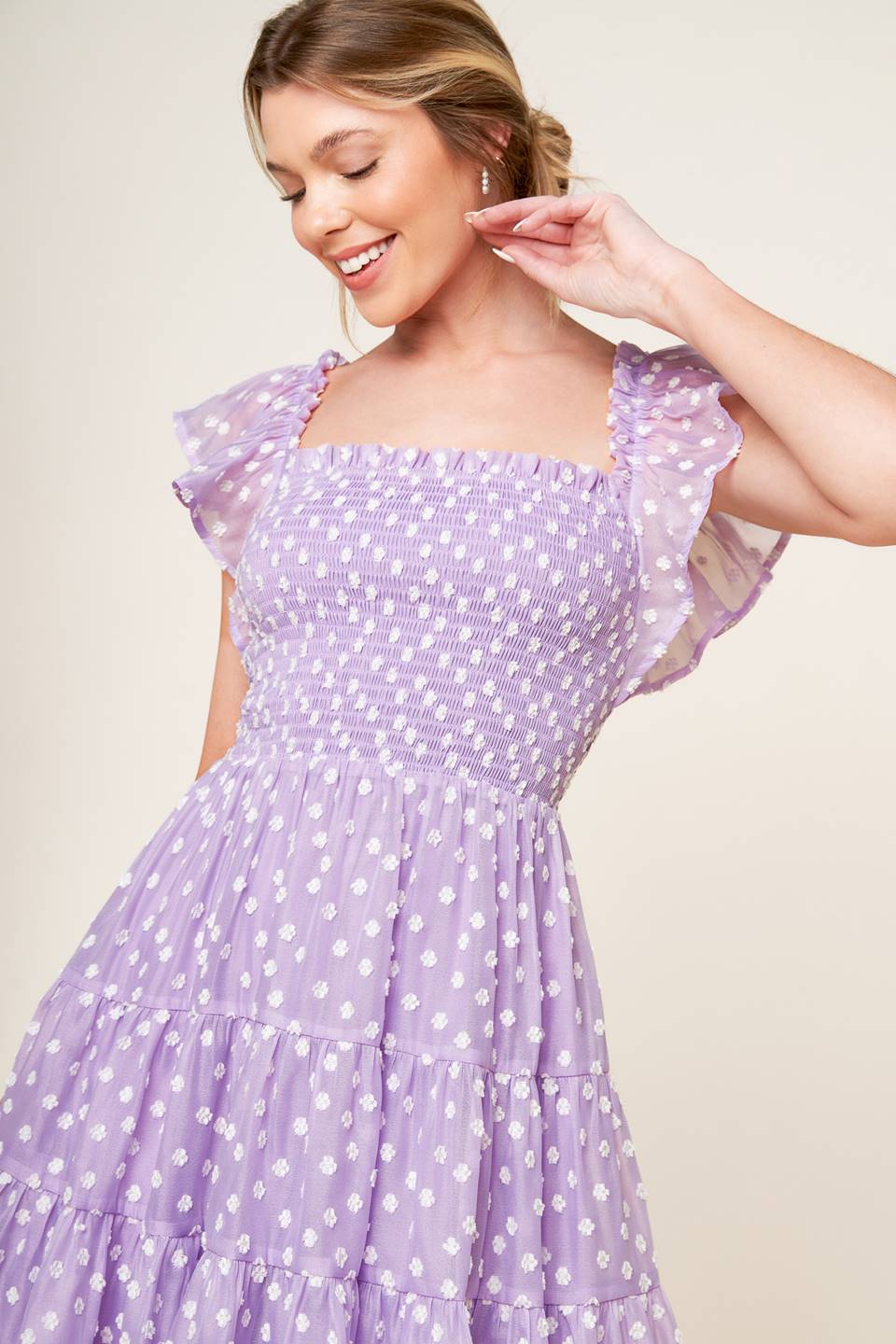 PLAYFULLY POSH LAVENDER WOVEN MINI DRESS Flying Tomato