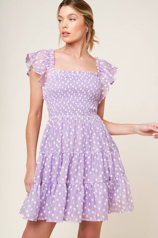 PLAYFULLY POSH LAVENDER WOVEN MINI DRESS Flying Tomato