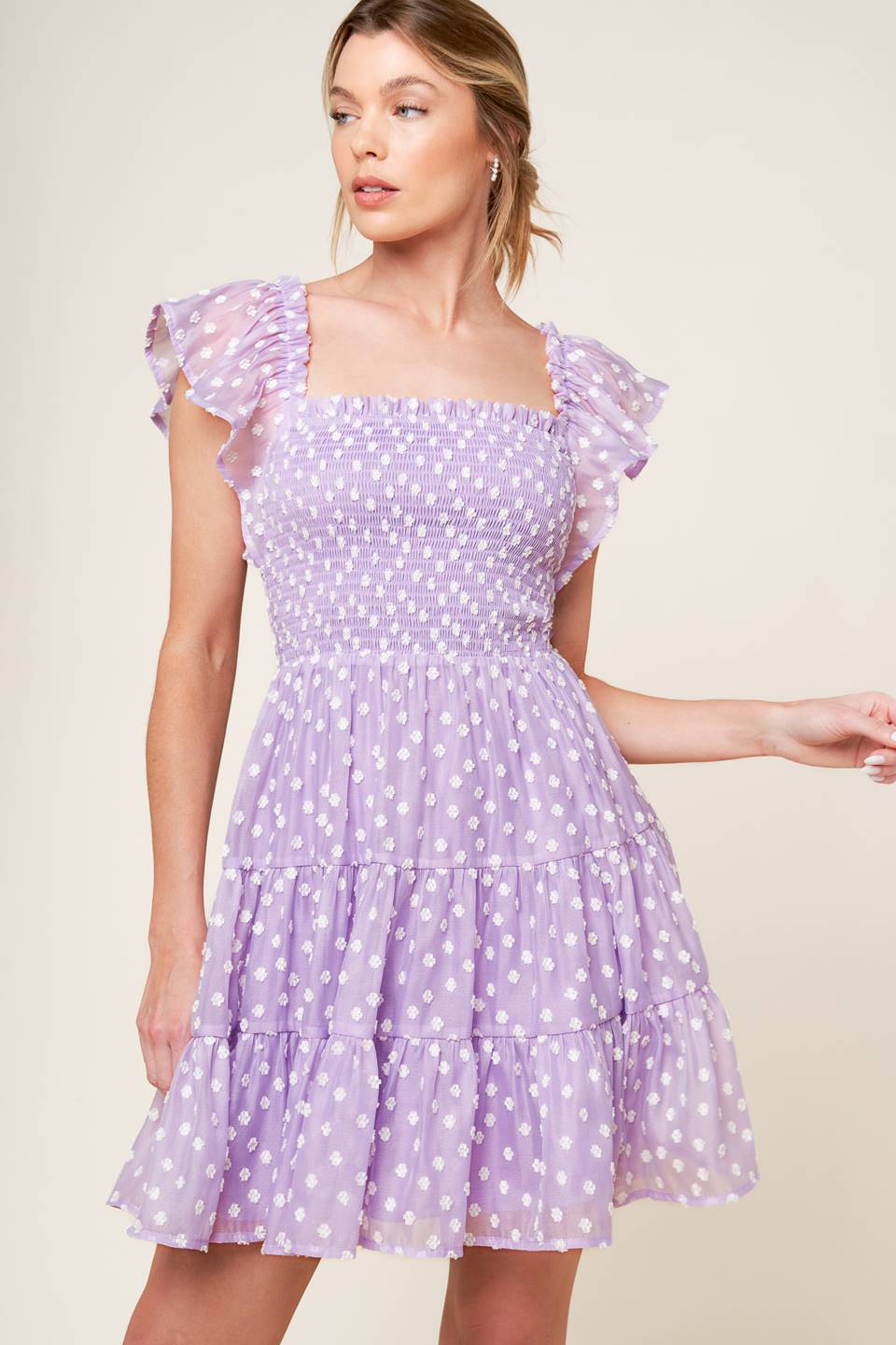 PLAYFULLY POSH LAVENDER WOVEN MINI DRESS Flying Tomato