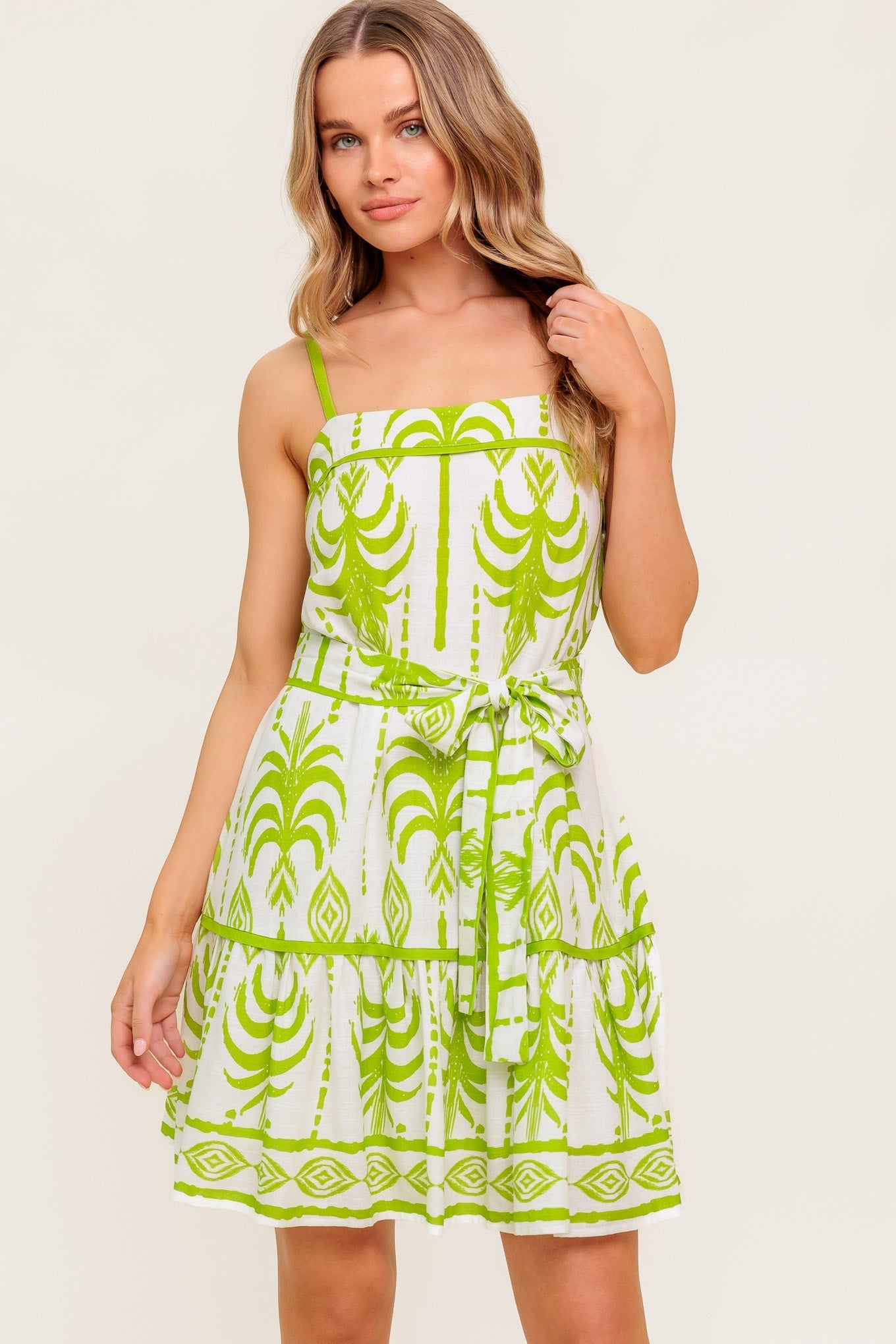 SUNDOWN CHARM GREEN WOVEN MINI DRESS Flying Tomato