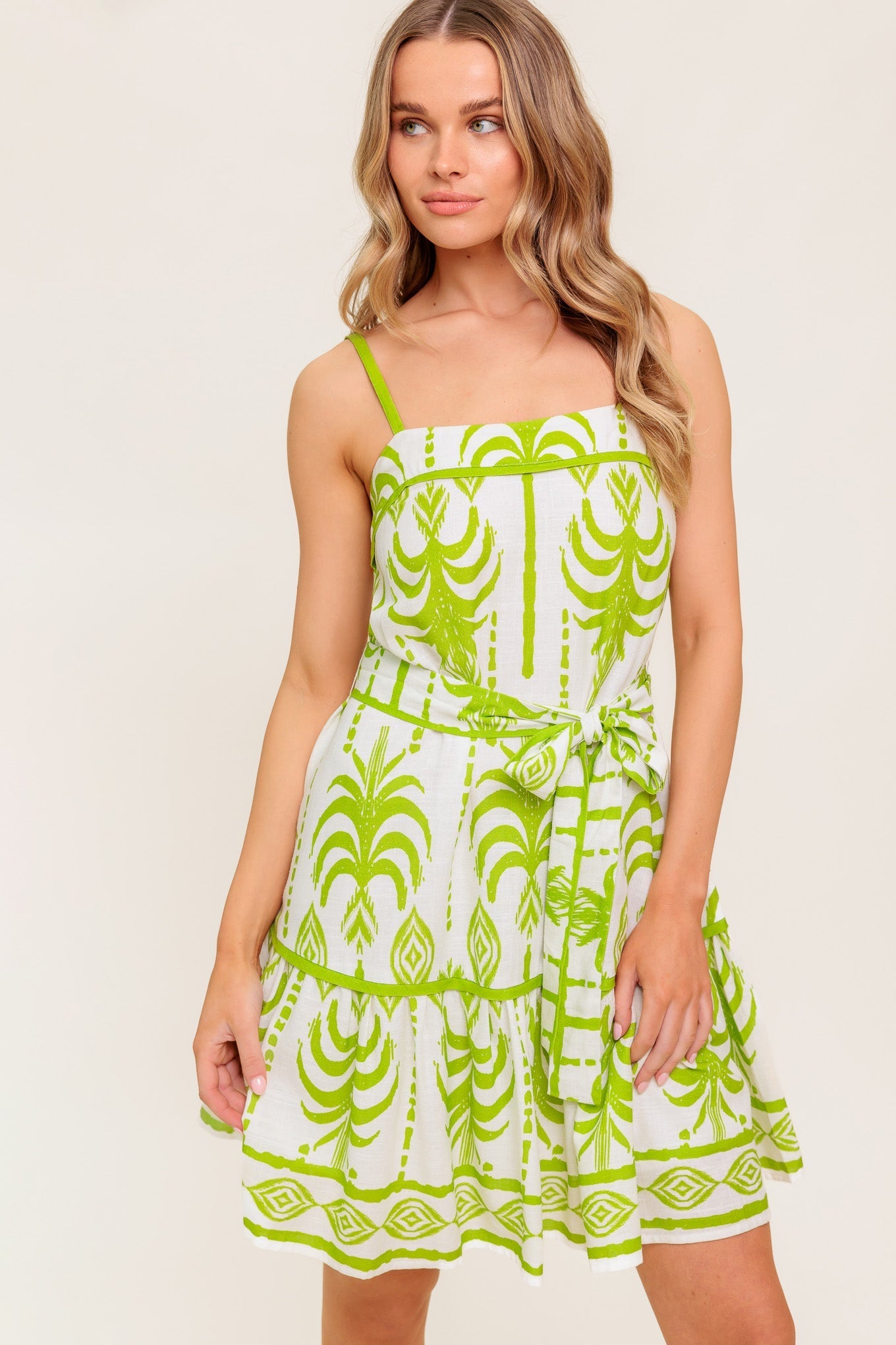 SUNDOWN CHARM GREEN WOVEN MINI DRESS Flying Tomato