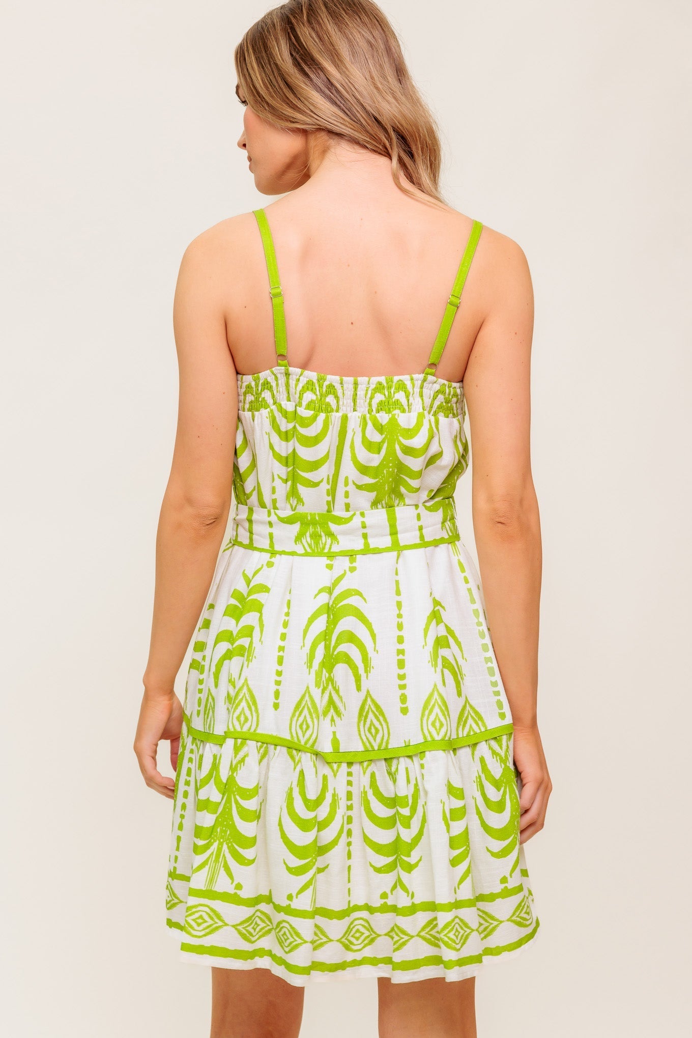 SUNDOWN CHARM GREEN WOVEN MINI DRESS Flying Tomato