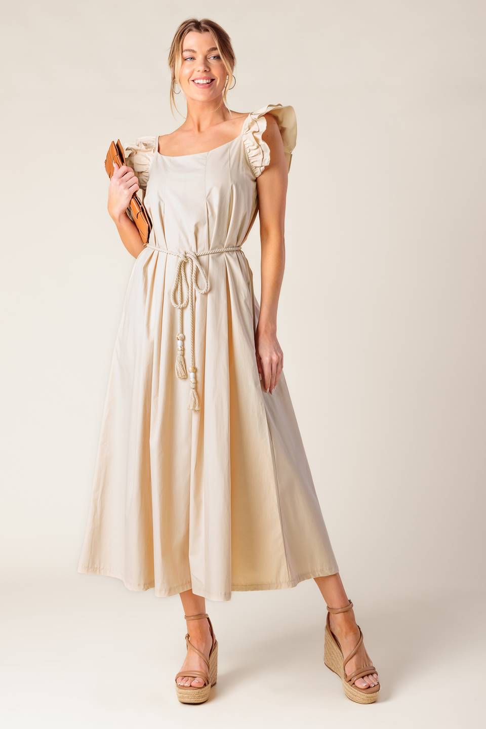 CHAMPAGNE TOAST TAUPE WOVEN MIDI DRESS Flying Tomato