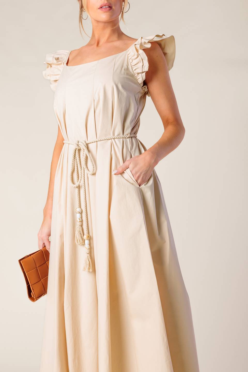 CHAMPAGNE TOAST TAUPE WOVEN MIDI DRESS Flying Tomato