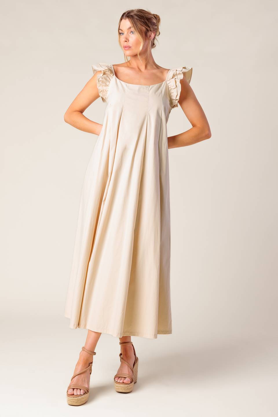 CHAMPAGNE TOAST TAUPE WOVEN MIDI DRESS Flying Tomato