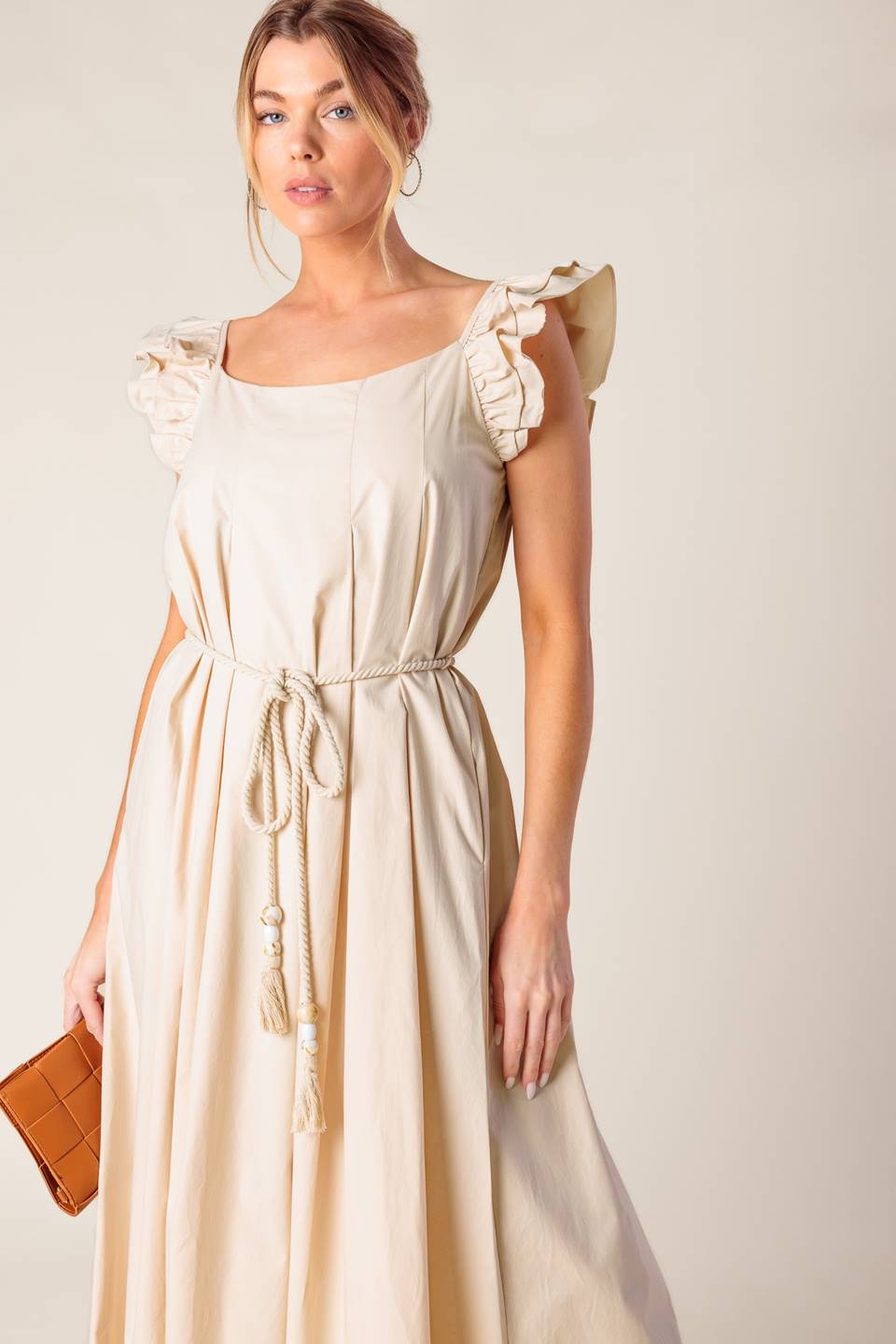 CHAMPAGNE TOAST TAUPE WOVEN MIDI DRESS Flying Tomato