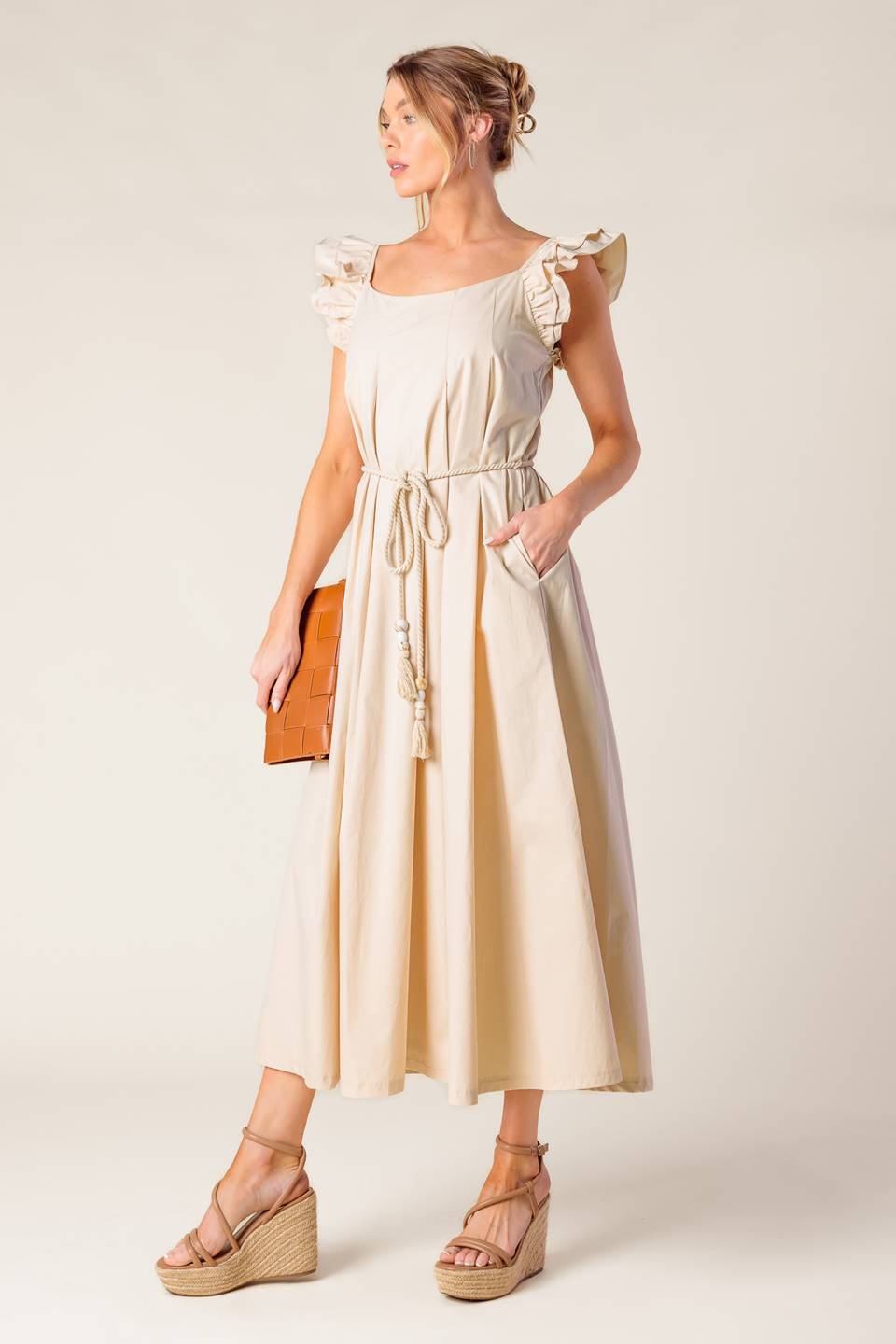 CHAMPAGNE TOAST TAUPE WOVEN MIDI DRESS Flying Tomato