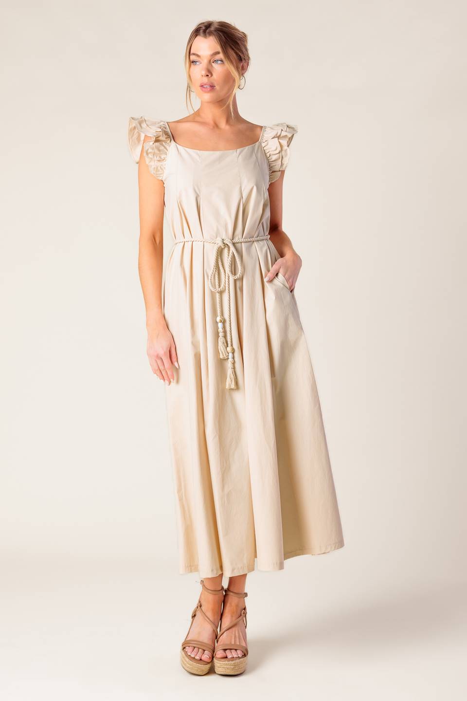 CHAMPAGNE TOAST TAUPE WOVEN MIDI DRESS Flying Tomato