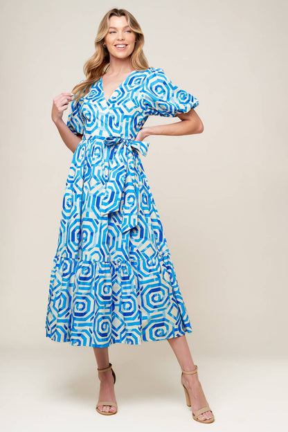 Seasonally Lovely Woven Midi Dress in Blue and White