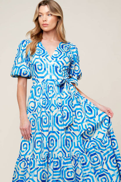 Seasonally Lovely Woven Midi Dress in Blue and White