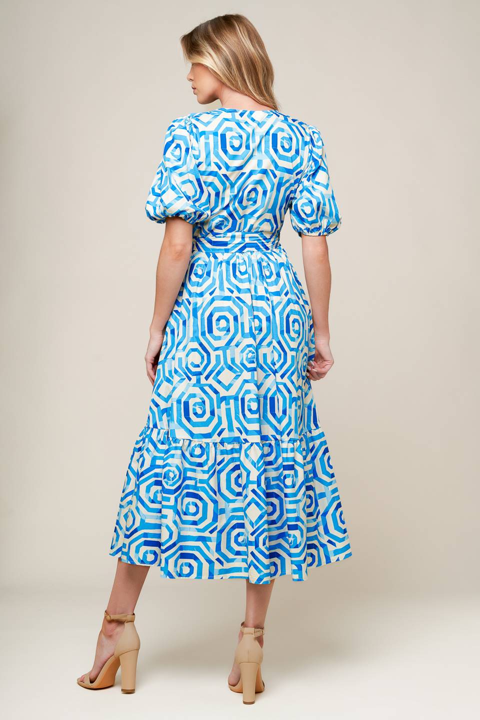 Seasonally Lovely Woven Midi Dress in Blue and White