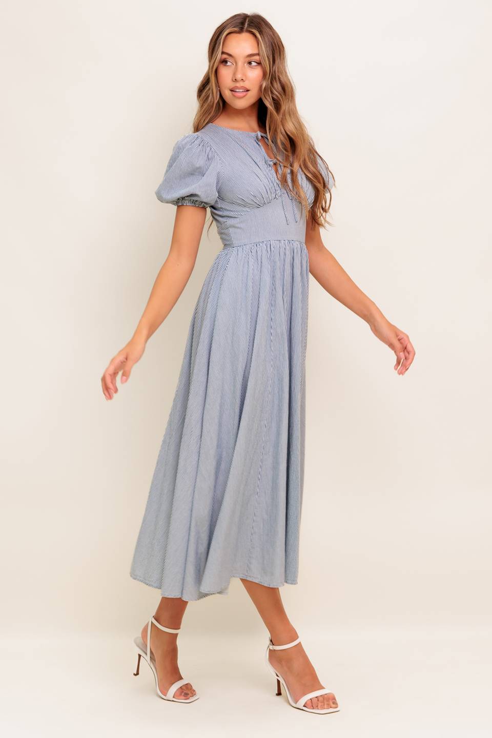 COZY GARDEN IVORY BLUE WOVEN MIDI DRESS Flying Tomato