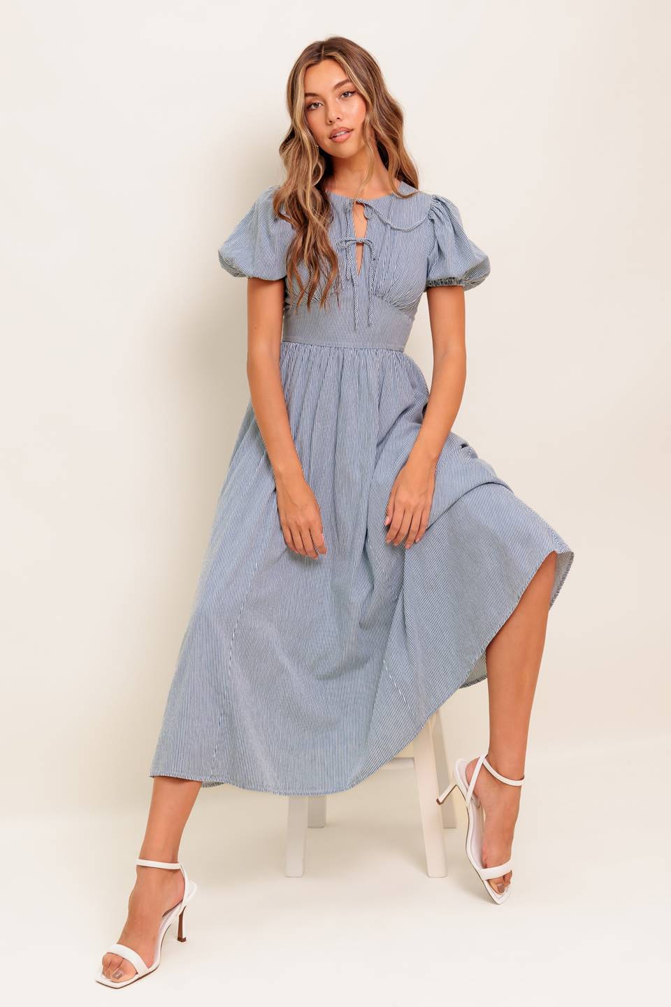 COZY GARDEN IVORY BLUE WOVEN MIDI DRESS Flying Tomato