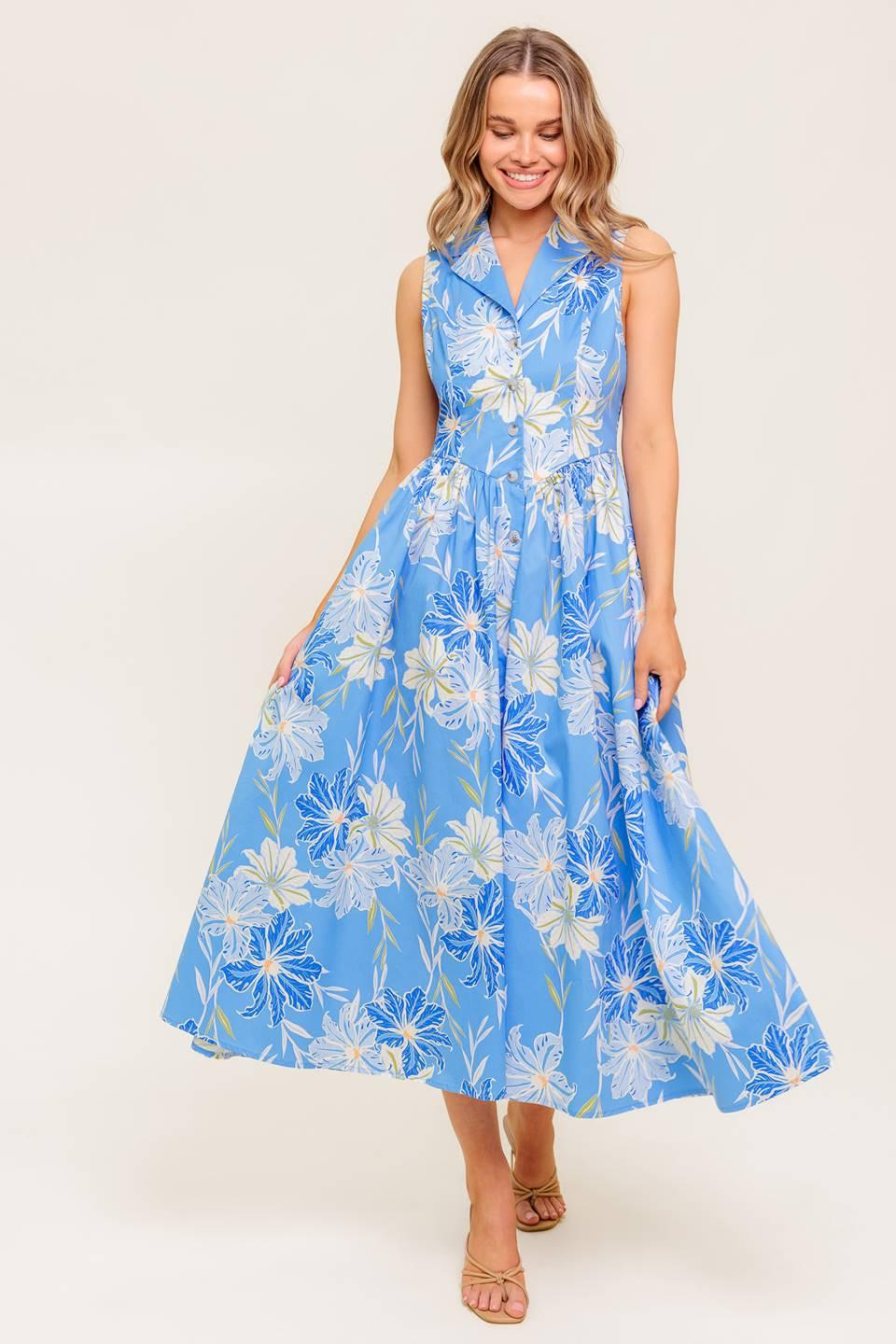 Flying Tomato Fern Whisper Blue woven midi dress, highlighting the intricate woven texture and flattering silhouette.