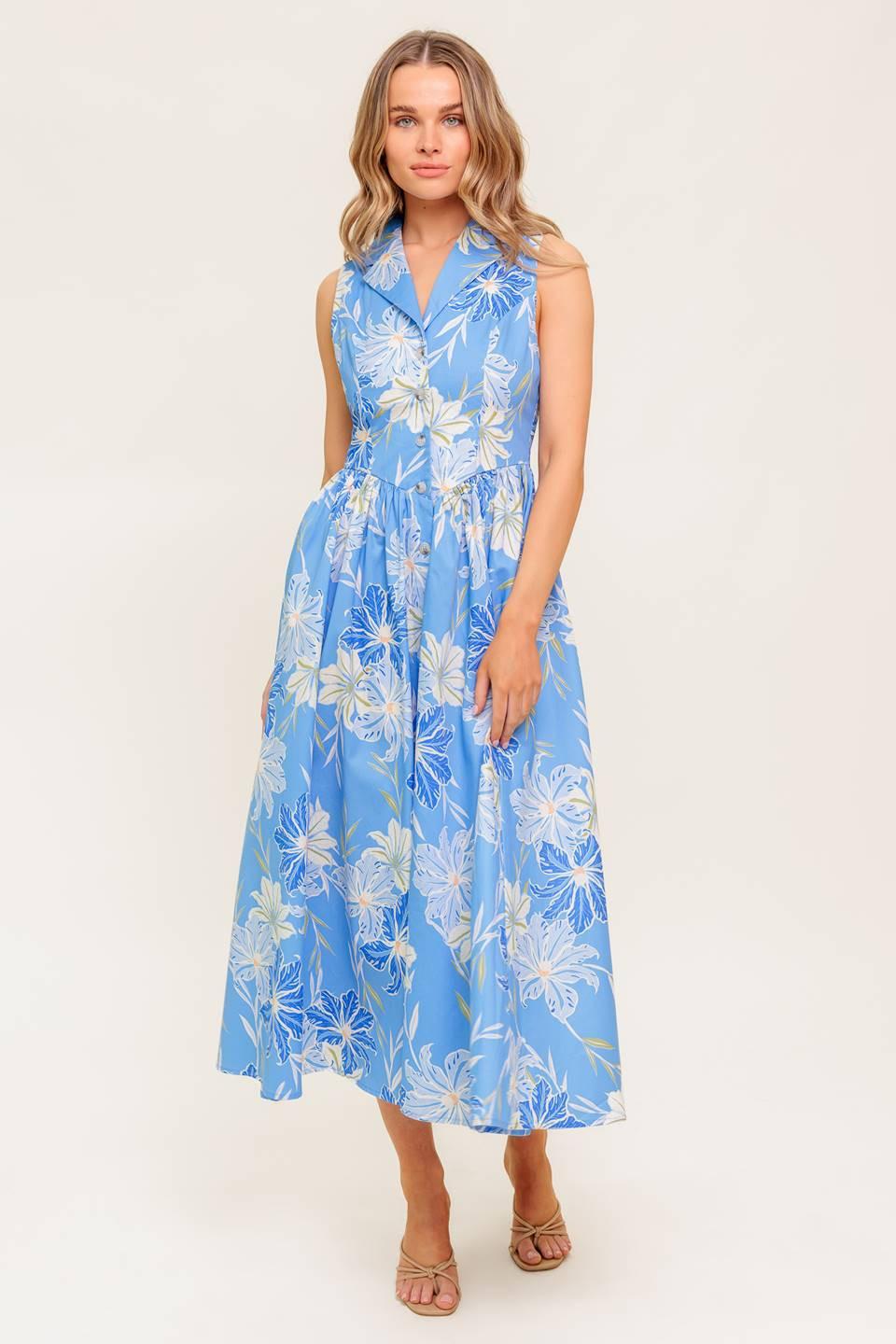Back view of the Flying Tomato Fern Whisper Blue woven midi dress, featuring its elegant design and flowing skirt.