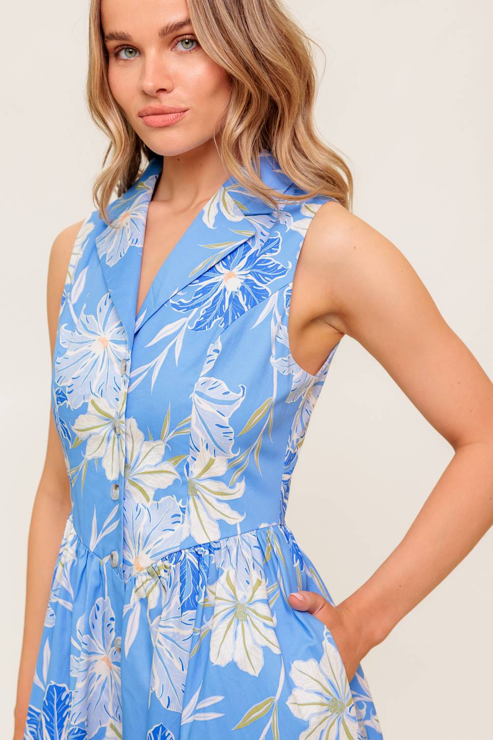 FERN WHISPER BLUE WOVEN MIDI DRESS Flying Tomato