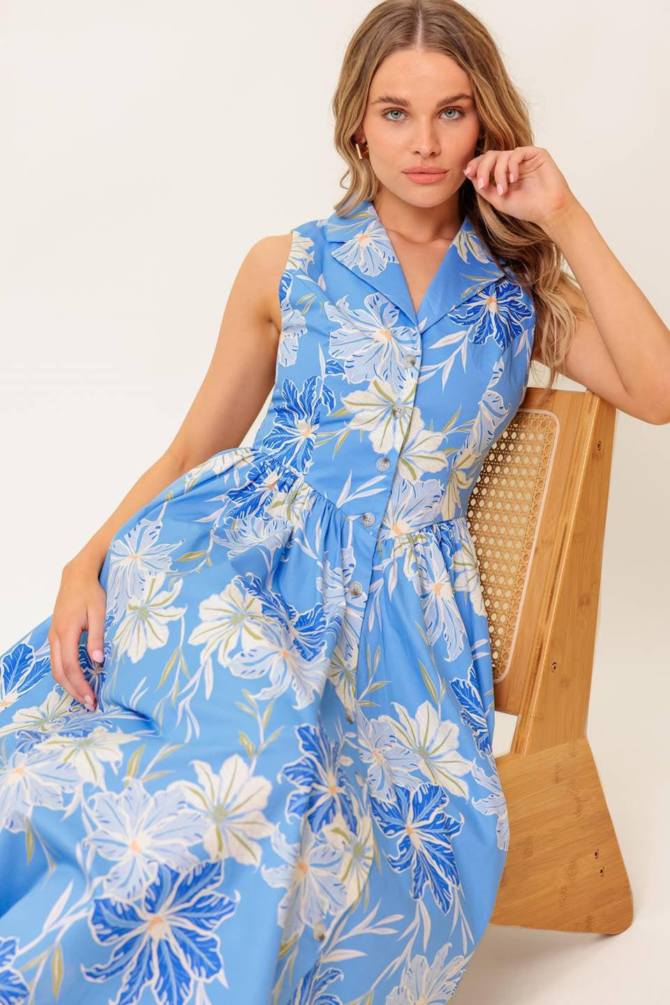 Flying Tomato Fern Whisper Blue woven midi dress, showcasing its elegant flow and quality fabric for a sophisticated look.