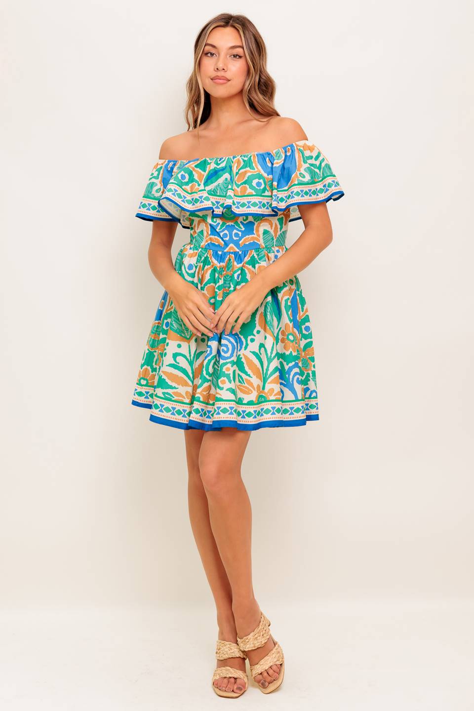 Coastal Love Sage Blue Woven Mini Dress Off Shoulder