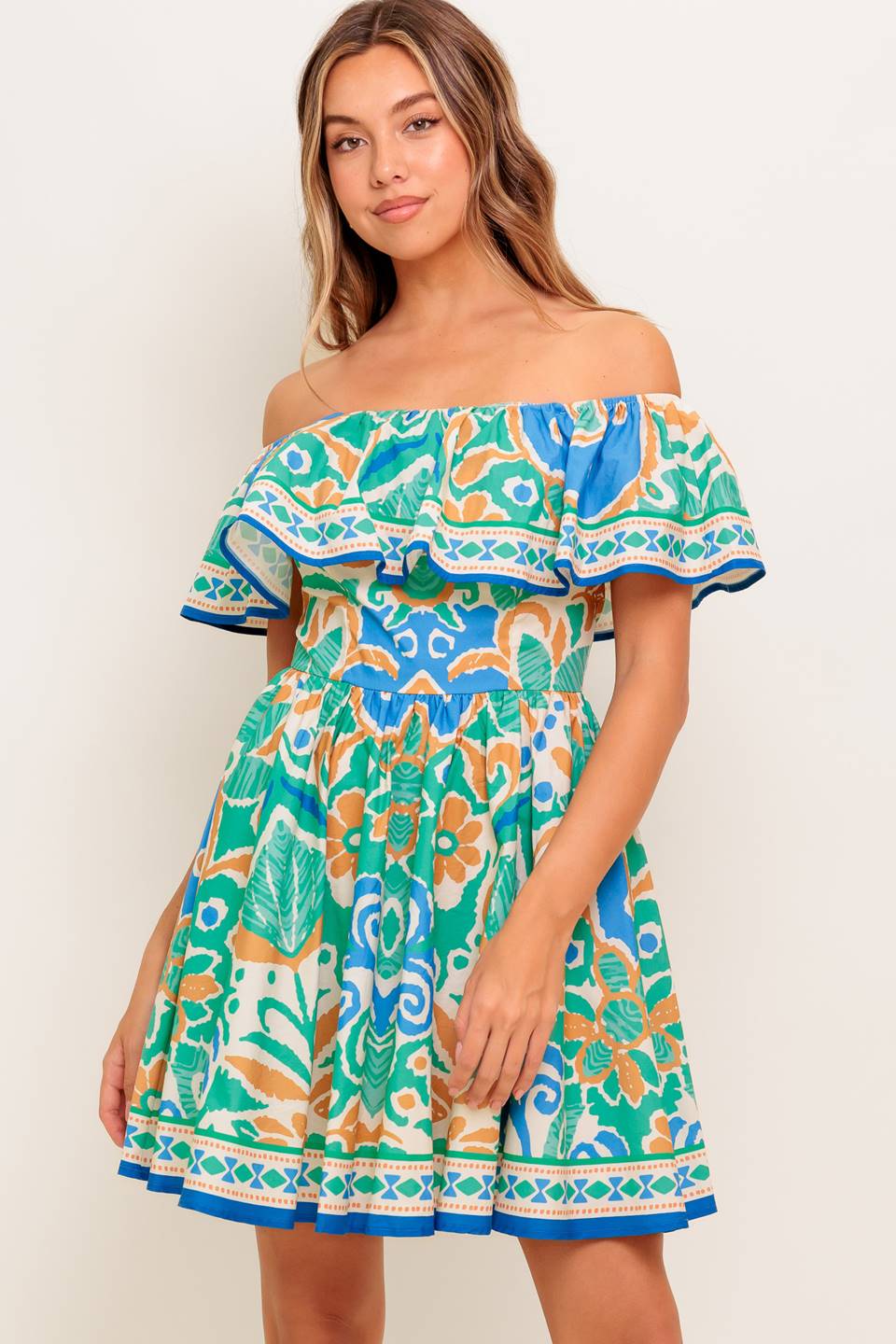 Coastal Love Sage Blue Woven Mini Dress Off Shoulder