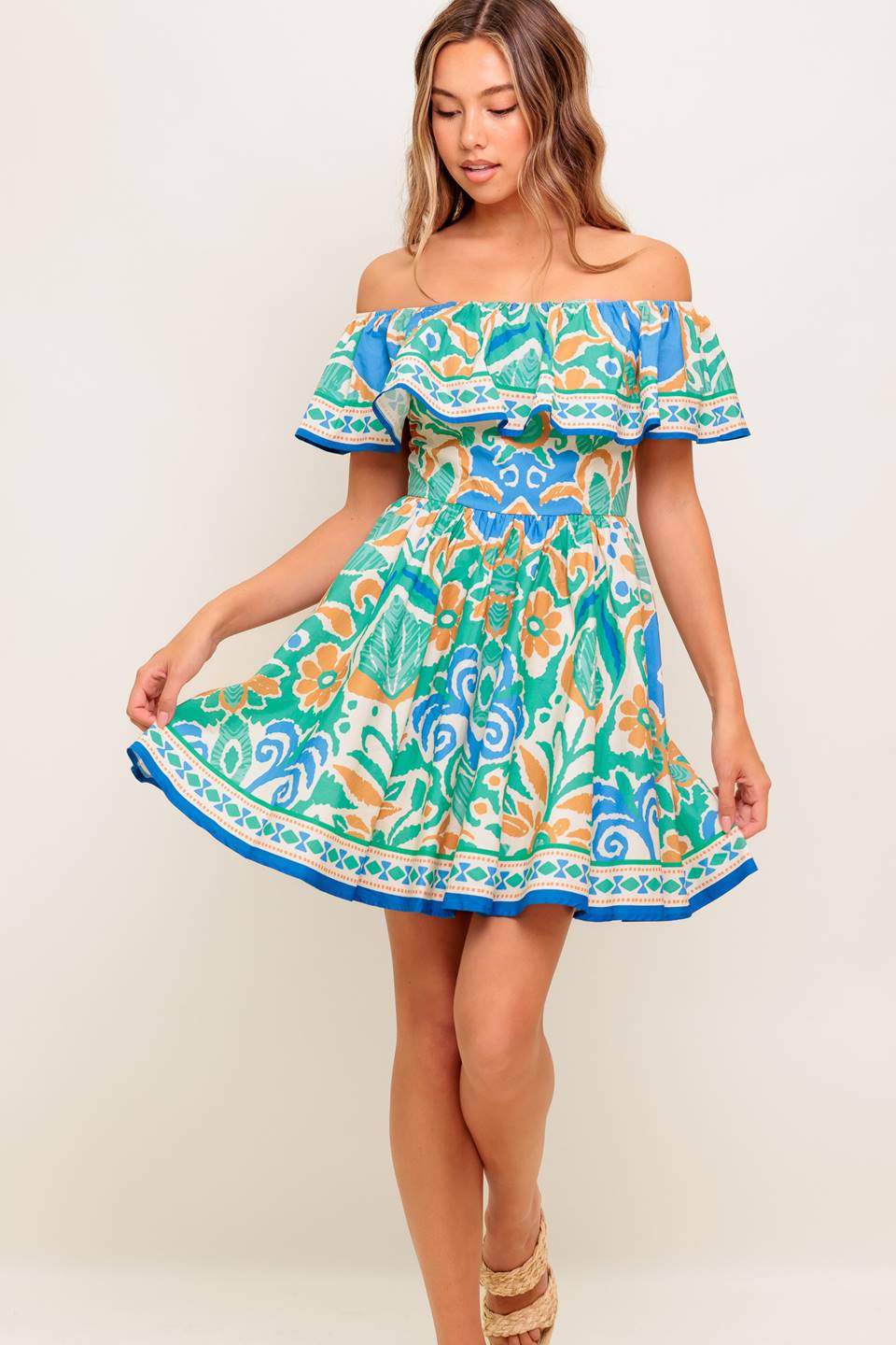 Coastal Love Sage Blue Woven Mini Dress Off Shoulder