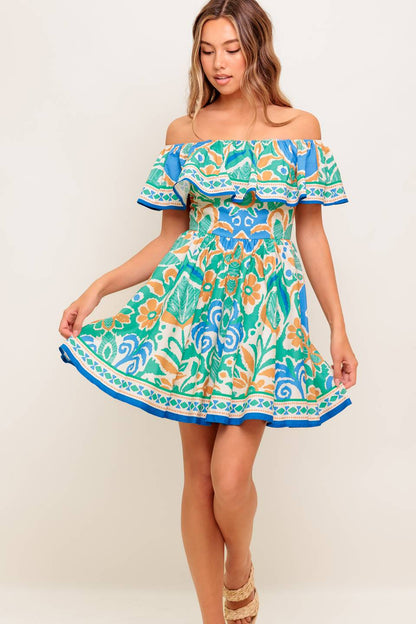 Coastal Love Sage Blue Woven Mini Dress Off Shoulder