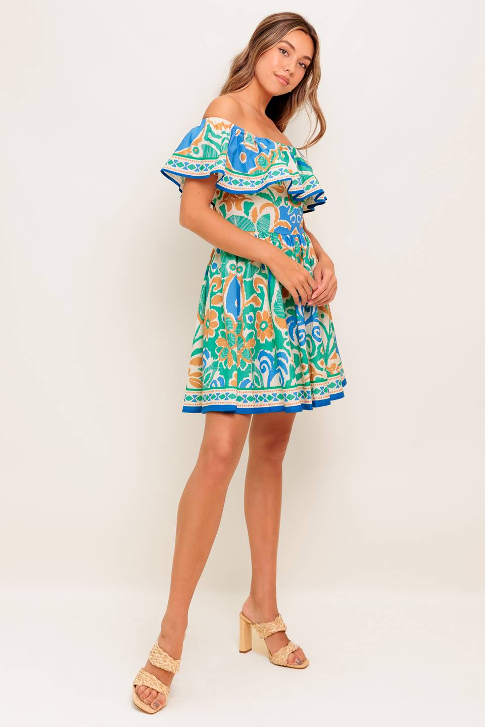 Coastal Love Sage Blue Woven Mini Dress Off Shoulder