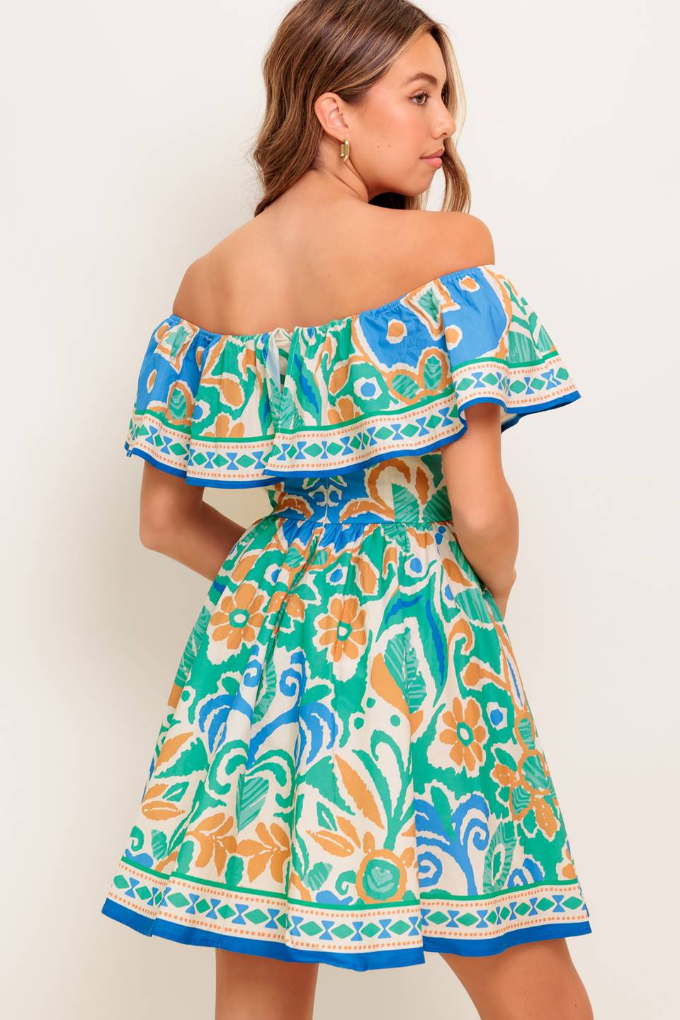 Coastal Love Sage Blue Woven Mini Dress Off Shoulder