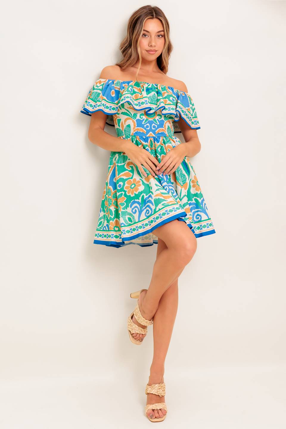Coastal Love Sage Blue Woven Mini Dress Off Shoulder