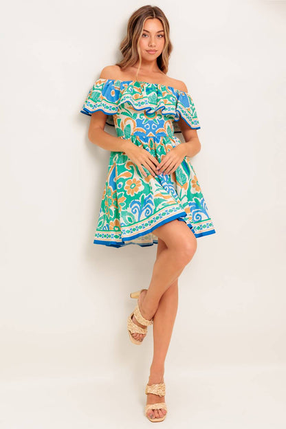 Coastal Love Sage Blue Woven Mini Dress Off Shoulder
