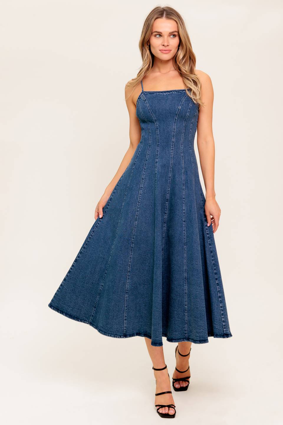 Vanilla Cove Denim Midi Dress With Spaghetti Straps And Full Skirt Flying Tomato