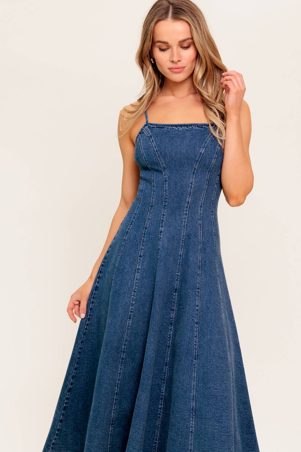 Vanilla Cove Denim Midi Dress With Spaghetti Straps And Full Skirt Flying Tomato