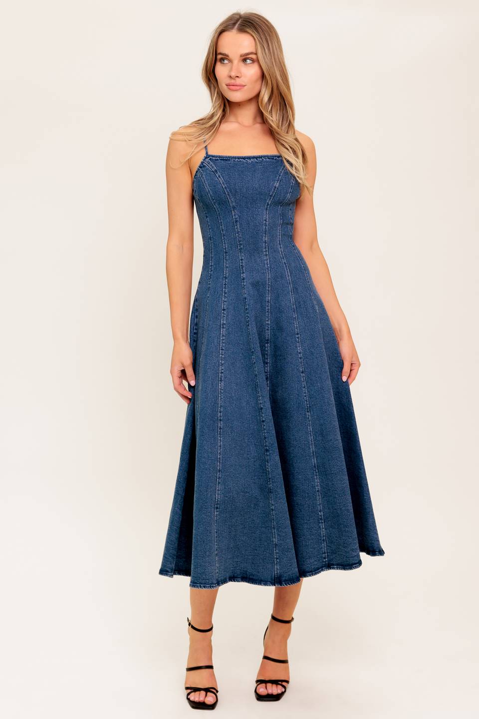 Vanilla Cove Denim Midi Dress With Spaghetti Straps And Full Skirt Flying Tomato