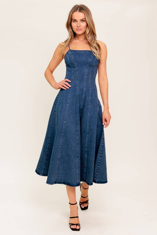 Vanilla Cove Denim Midi Dress With Spaghetti Straps And Full Skirt Flying Tomato