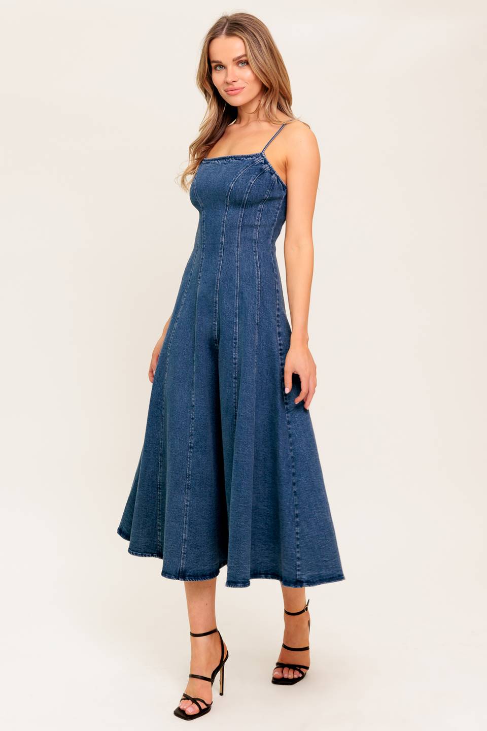 Vanilla Cove Denim Midi Dress With Spaghetti Straps And Full Skirt Flying Tomato