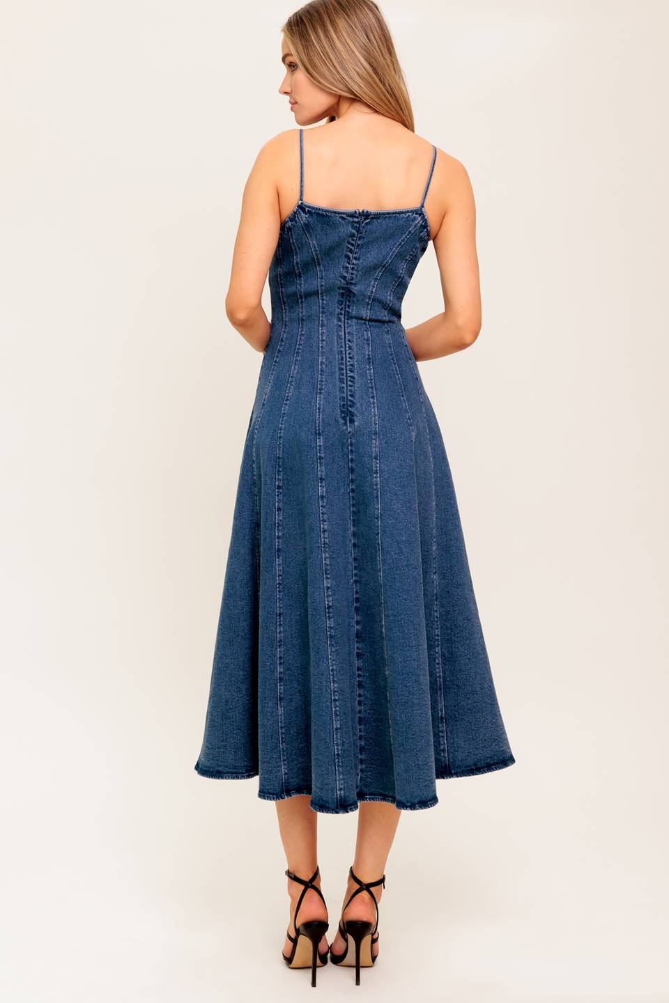 Vanilla Cove Denim Midi Dress With Spaghetti Straps And Full Skirt Flying Tomato